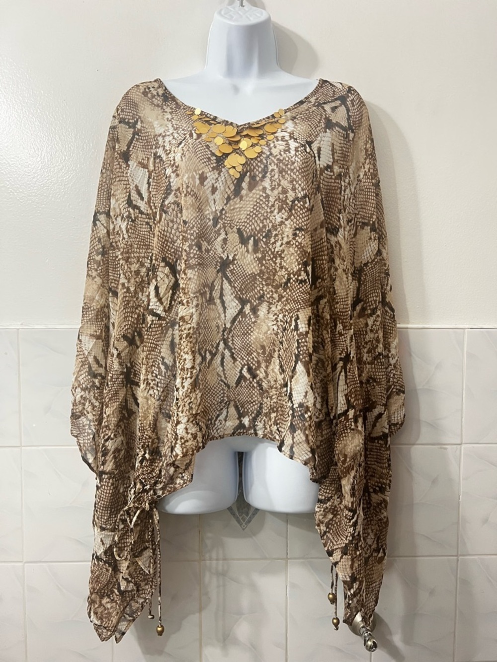 Ruby Rd Embellished Snake Sheer Kaftan Flowy Top L Beach Evening Boho Resort